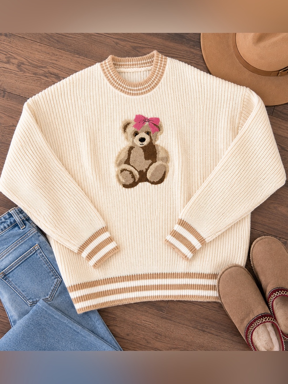 Simply Southern Teddy Bear Chunky Knit Sweater Cream Tan Pink Bow Size Large